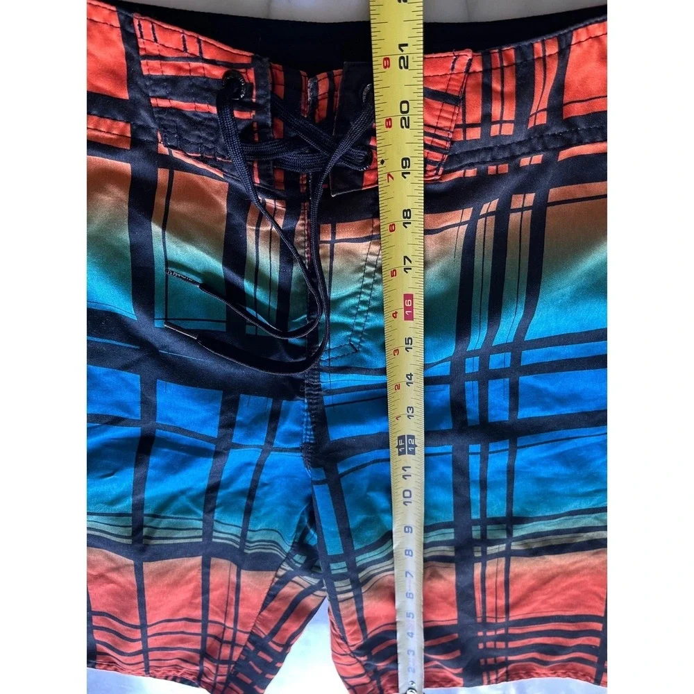 Hang Ten Mens‎ Board Shorts Size 30 Plaid Ombre Orange Blue Black
